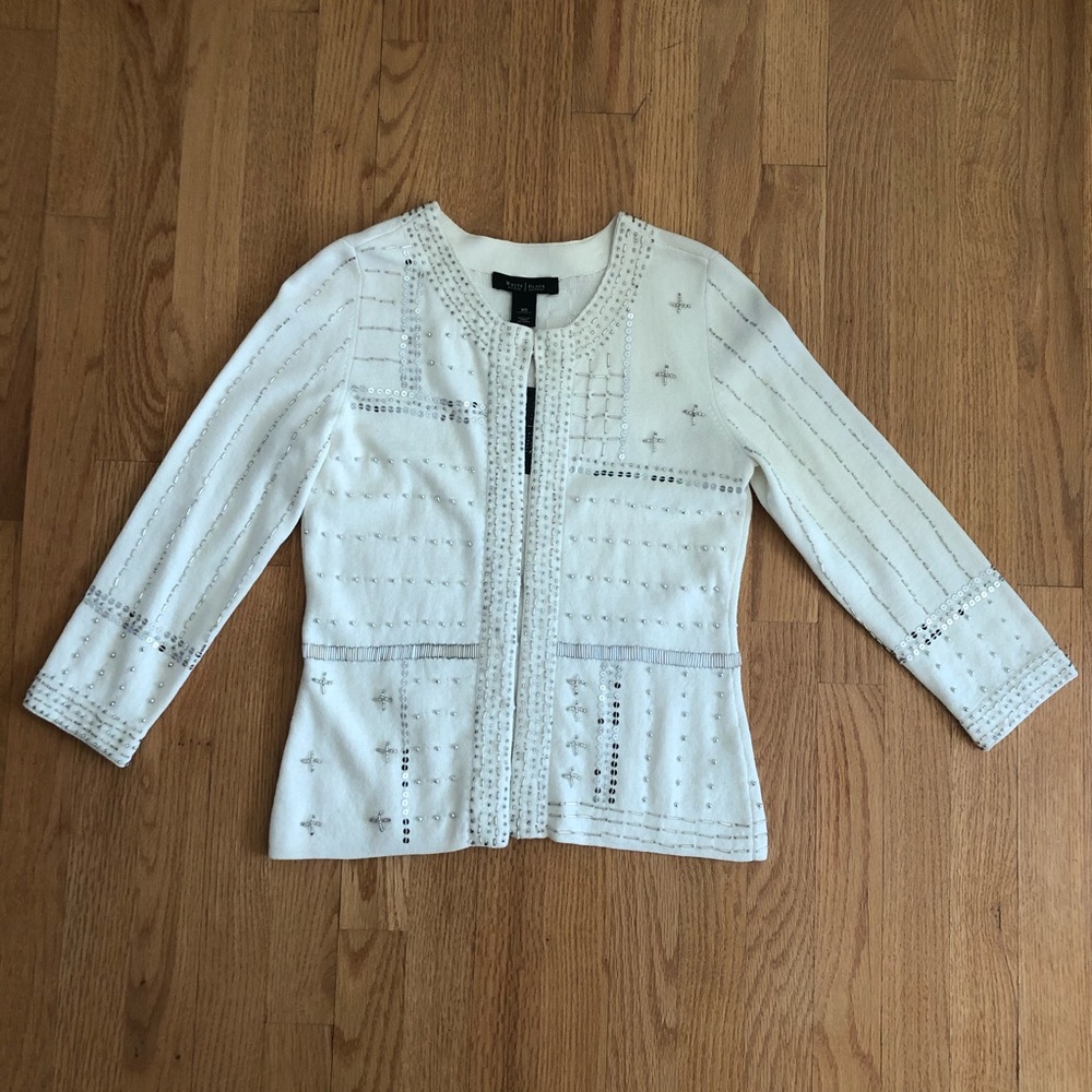 NWT WHBM White and Silver Beaded Sweater